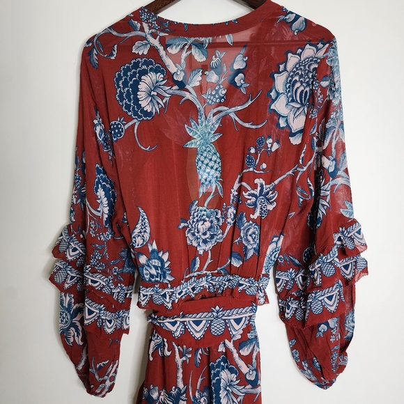 FARM Rio Tropical Landing Red Longsleeve Maxi Dress Medium Bohemian Resortwear - Picture 13 of 16